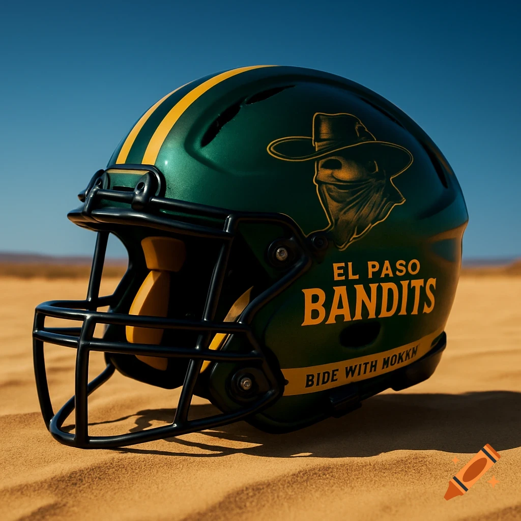 A green and yellow football helmet with an "El Paso Bandits" logo rests on desert sand under a clear blue sky.