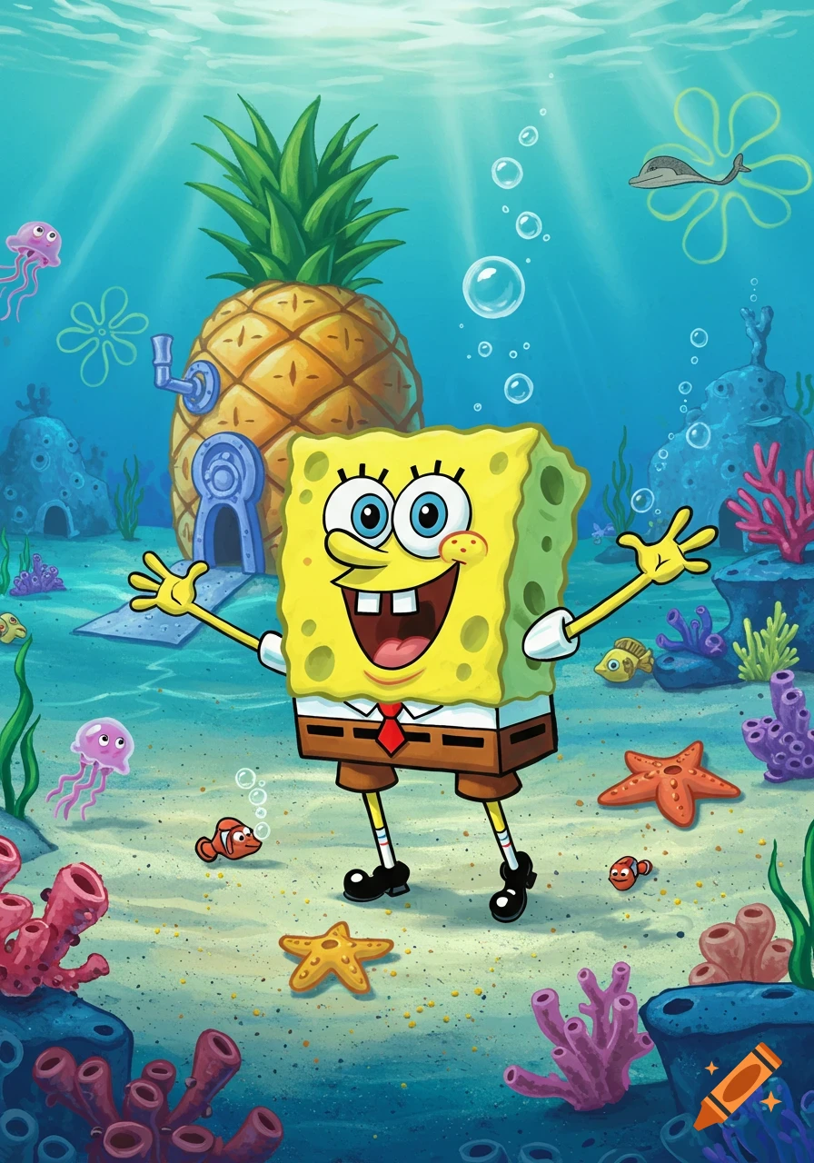 Spongebob Squarepants smiles, standing underwater in front of his pineapple house with coral, jellyfish, and fish.
