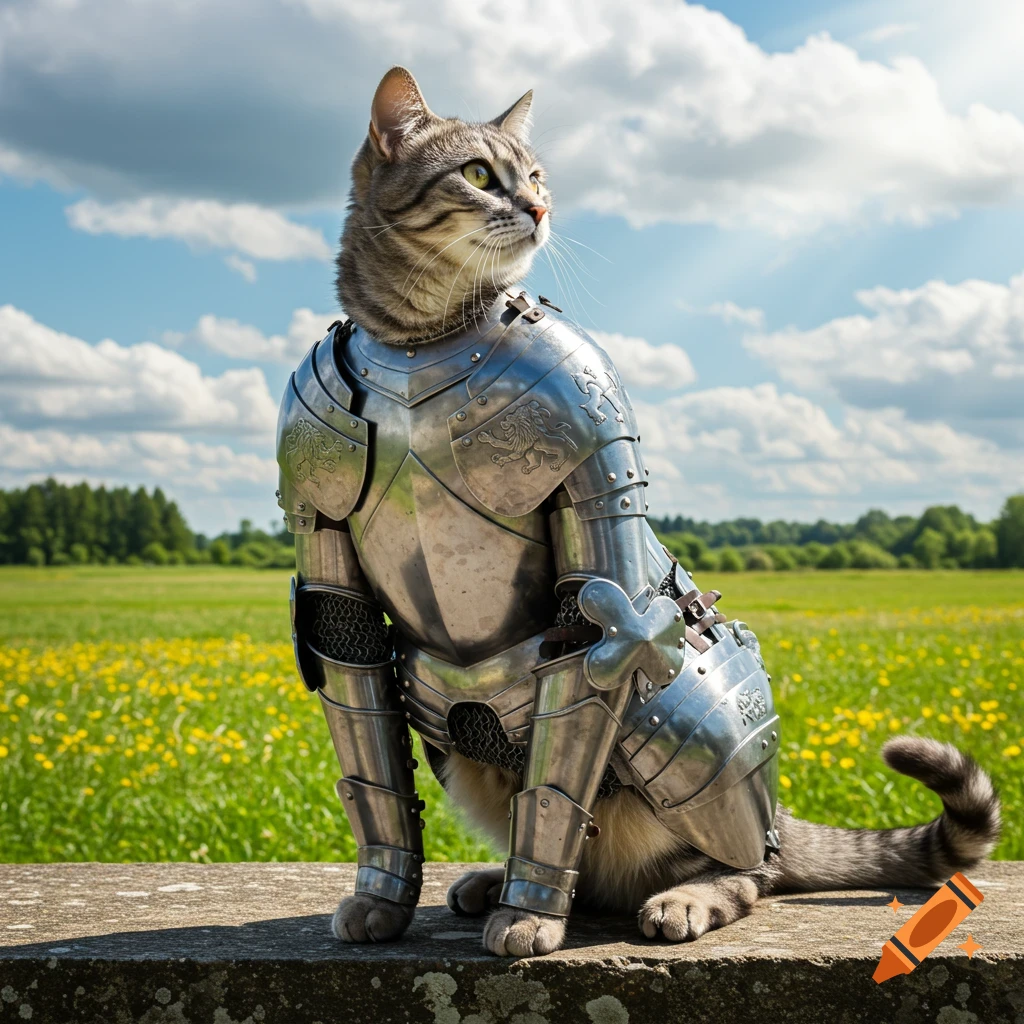 Photorealistic tabby cat in shining knight's armor sits on a stone wall in a grassy field under a blue sky.