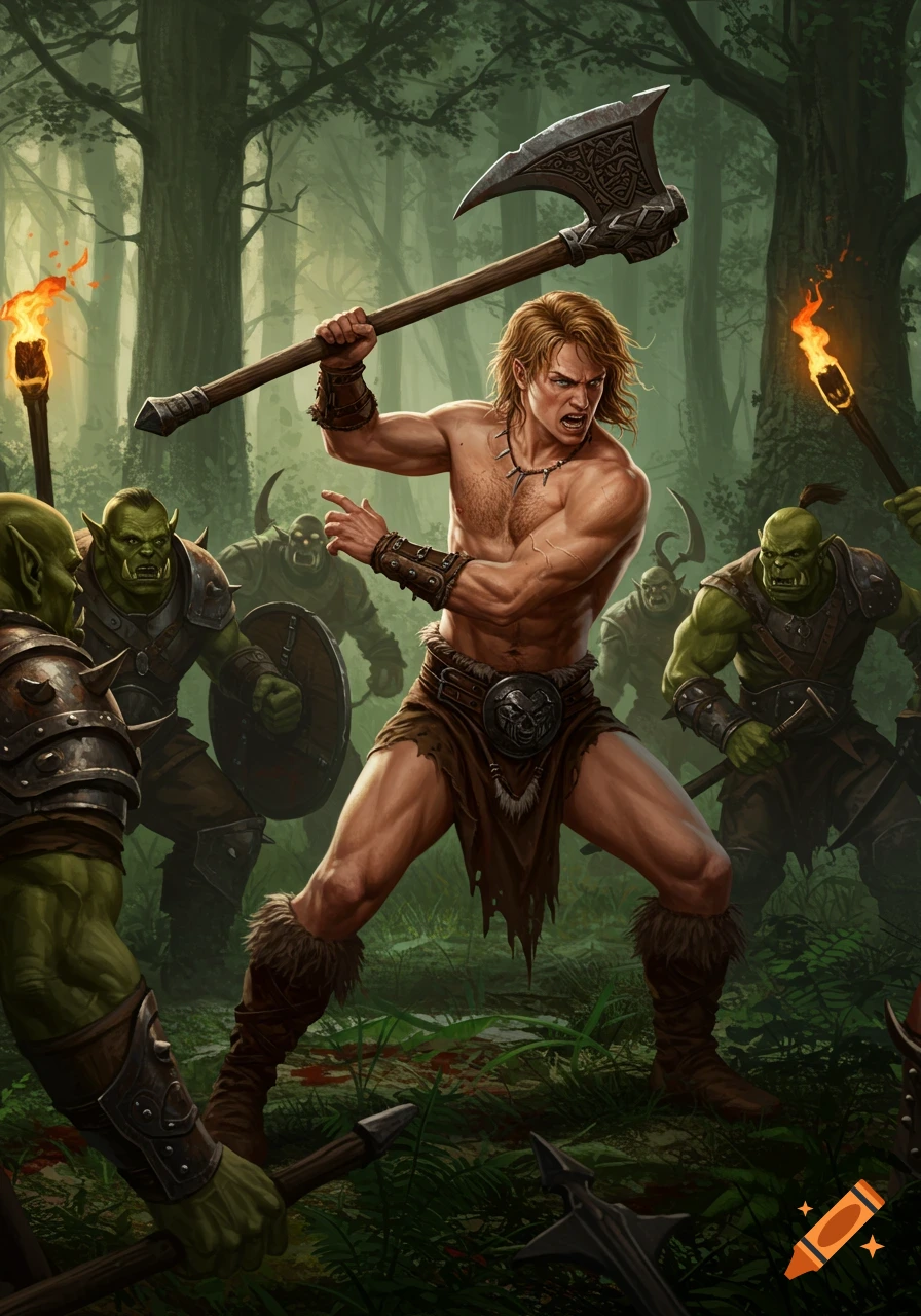 A muscular barbarian with an axe fights green-skinned orcs in a dark forest, depicted in a realistic digital painting style.
