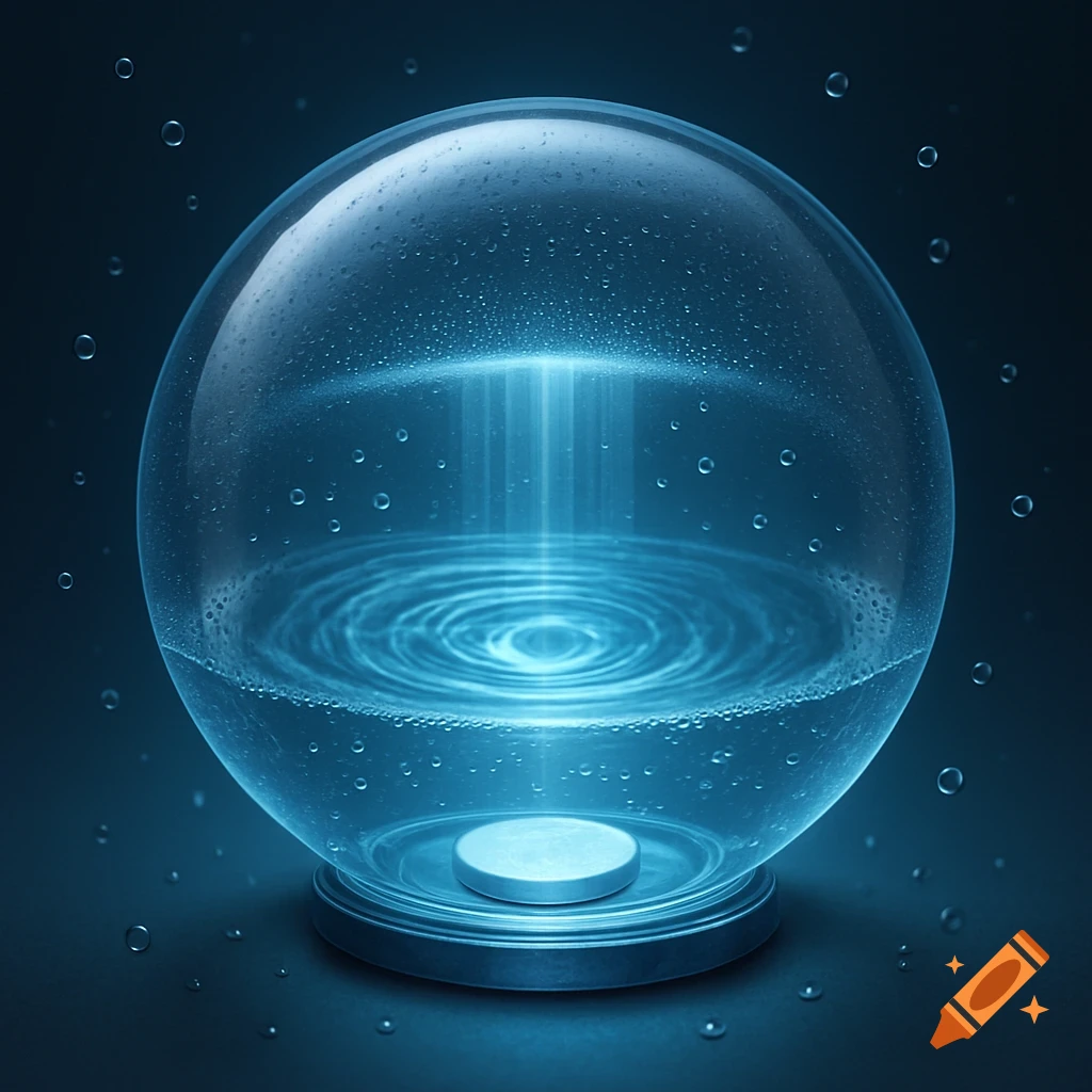 A clear glass sphere contains rippling blue water and a glowing light beam, with water droplets on the surface and around it, on a dark background.