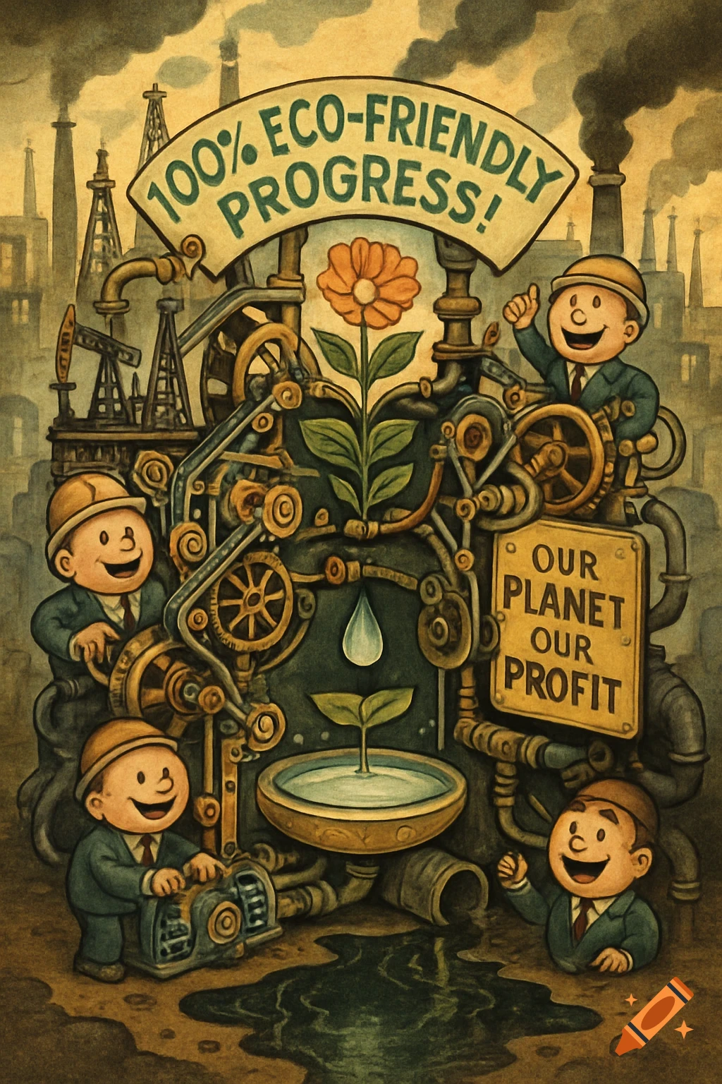 Vintage illustration satirizing greenwashing with a Rube Goldberg machine, cartoon workers, '100% Eco-Friendly Progress!', and 'Our Planet Our Profit' text.