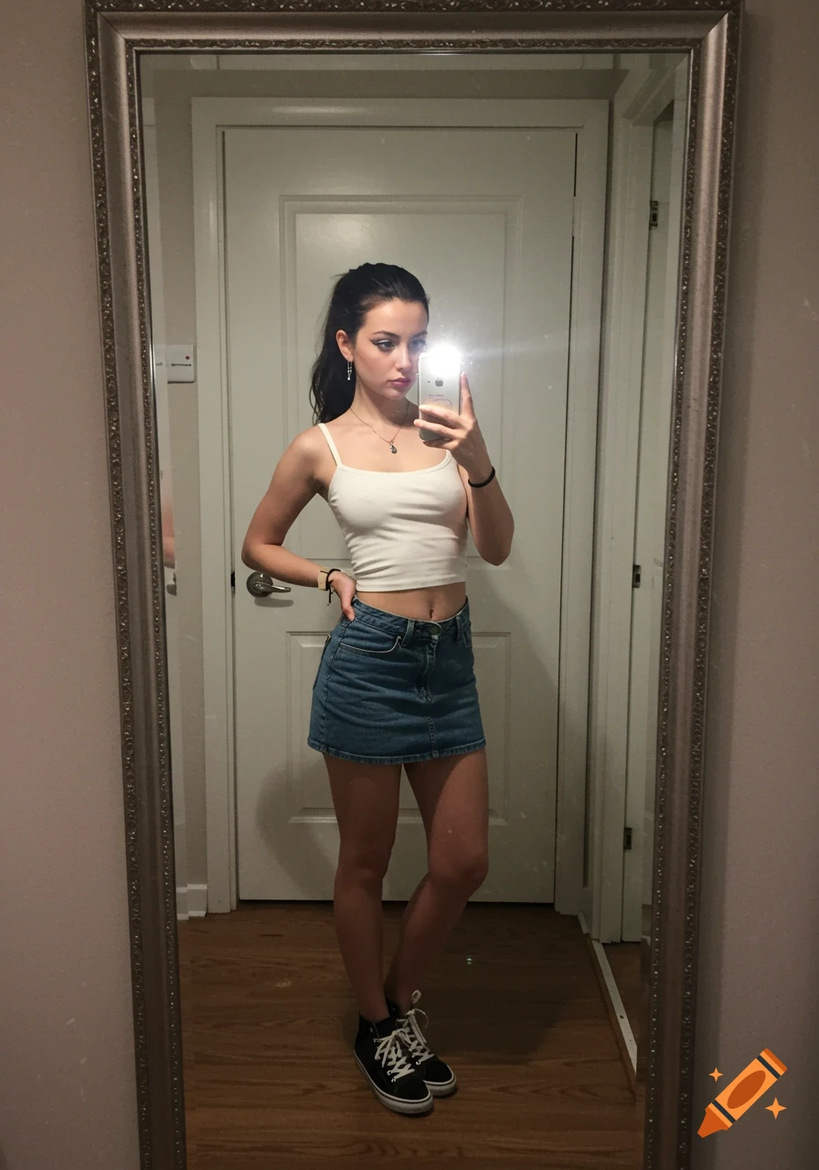 A young woman in a white camisole and denim skirt takes a mirror selfie with a bright flash.