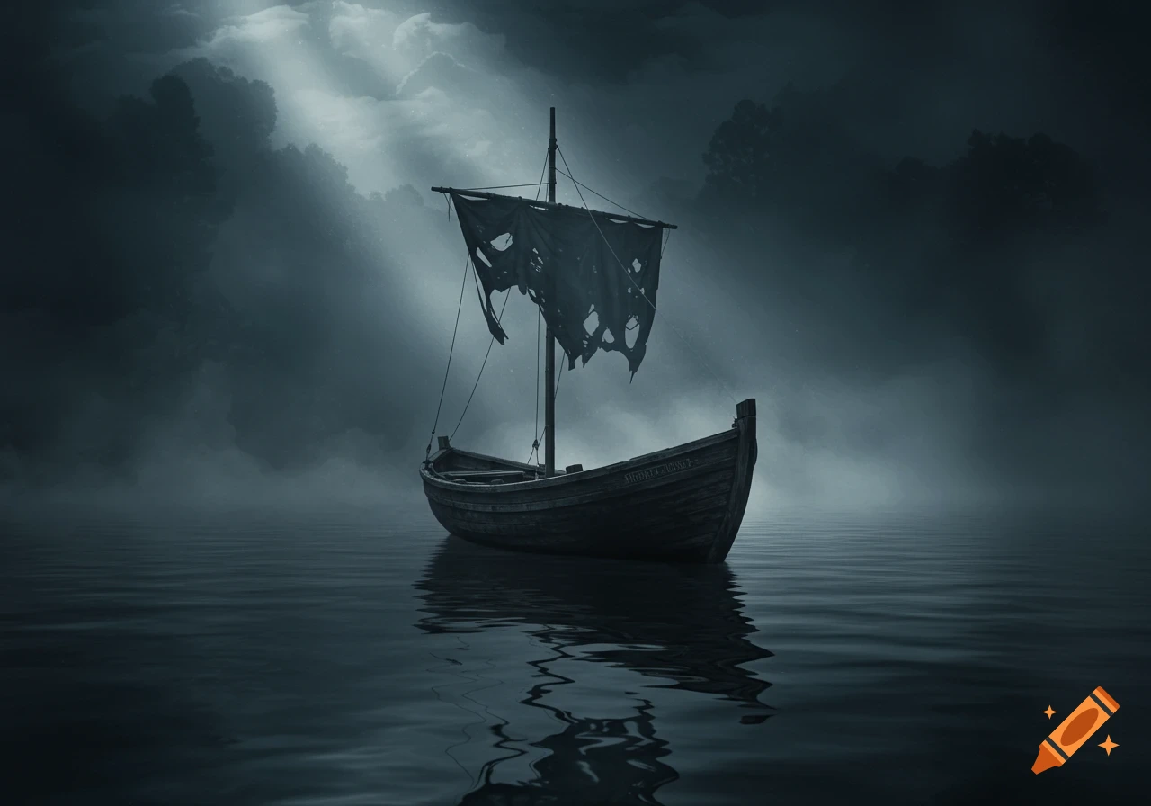 A dark, mysterious boat with a tattered sail floats on foggy water under a moonlit, cloudy sky.
