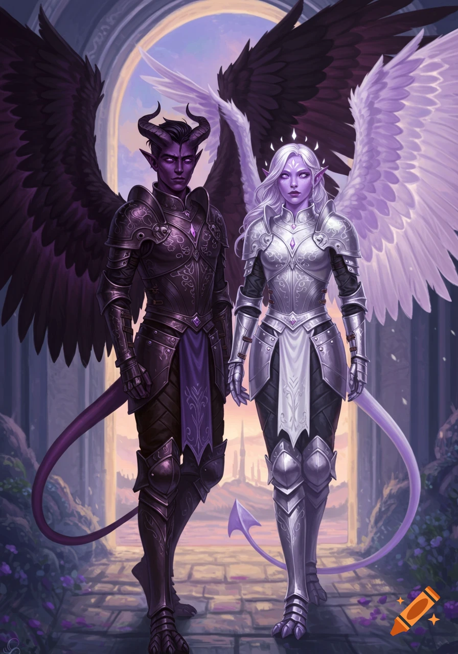 Two purple-skinned paladin tiefling twins in armor. The boy has black wings and horns, the girl has white wings and a halo.