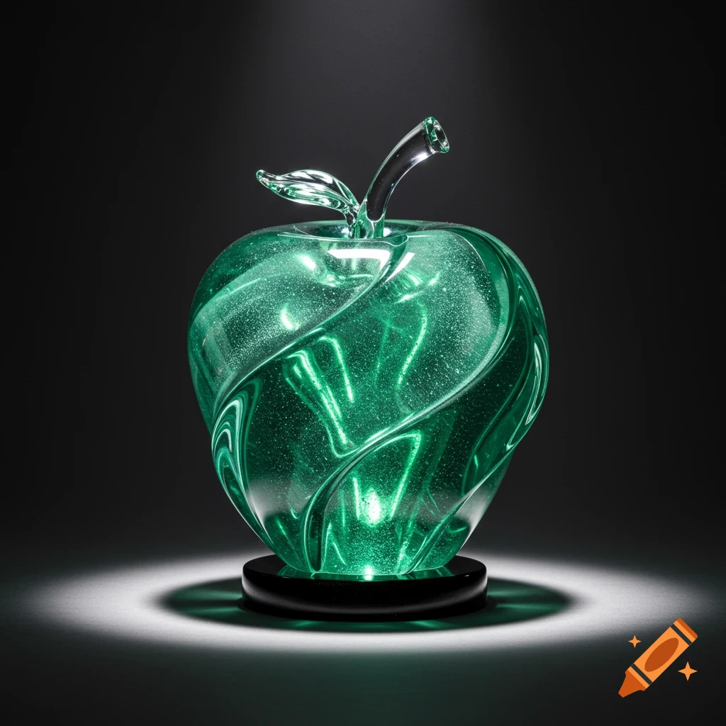 A glowing green glass apple sculpture with internal swirls, standing on a black base, illuminated by a spotlight against a dark background.