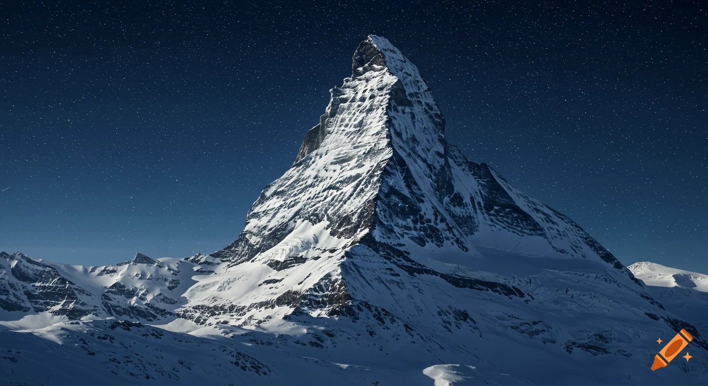 A majestic, snow-covered mountain peak stands against a dark blue night sky filled with stars.