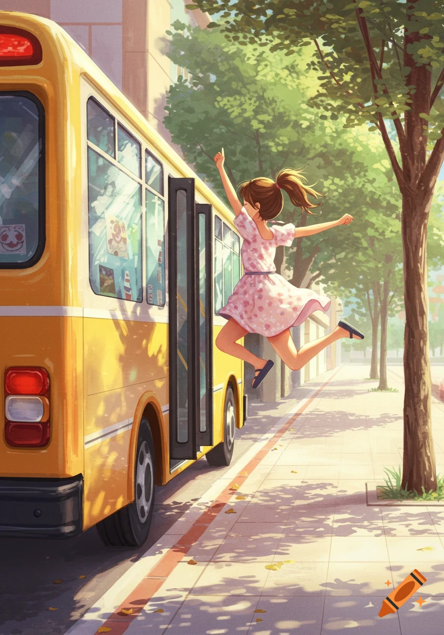 An anime girl in a pink dress happily jumps out of a yellow bus on a sunny city street.