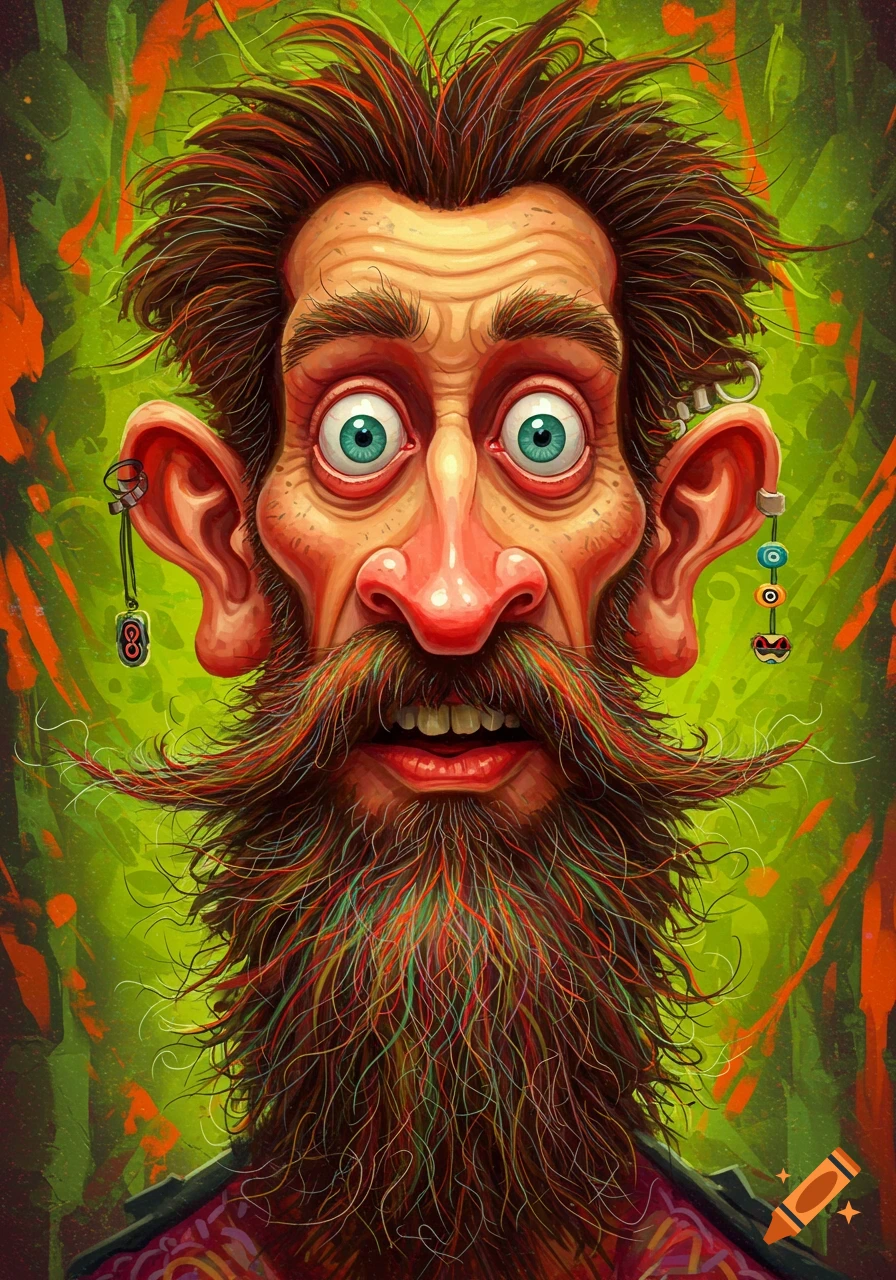 Vibrant, cartoonish portrait of a wide-eyed man with an exaggerated nose, large ears, and a long, colorful, wild beard and hair.