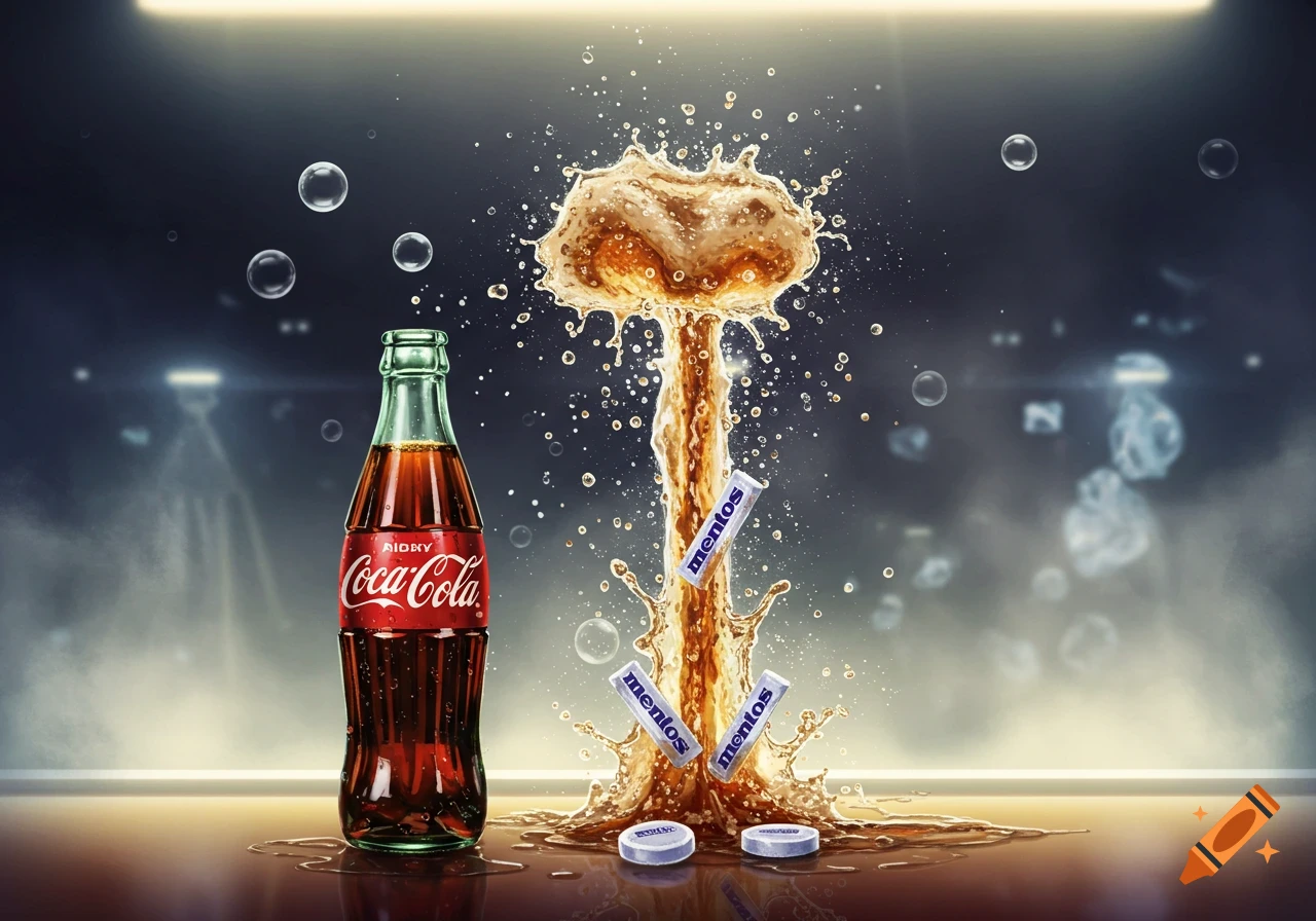 Photorealistic image of a Coca-Cola and Mentos reaction, with soda erupting like a mushroom cloud and Mentos candies falling.