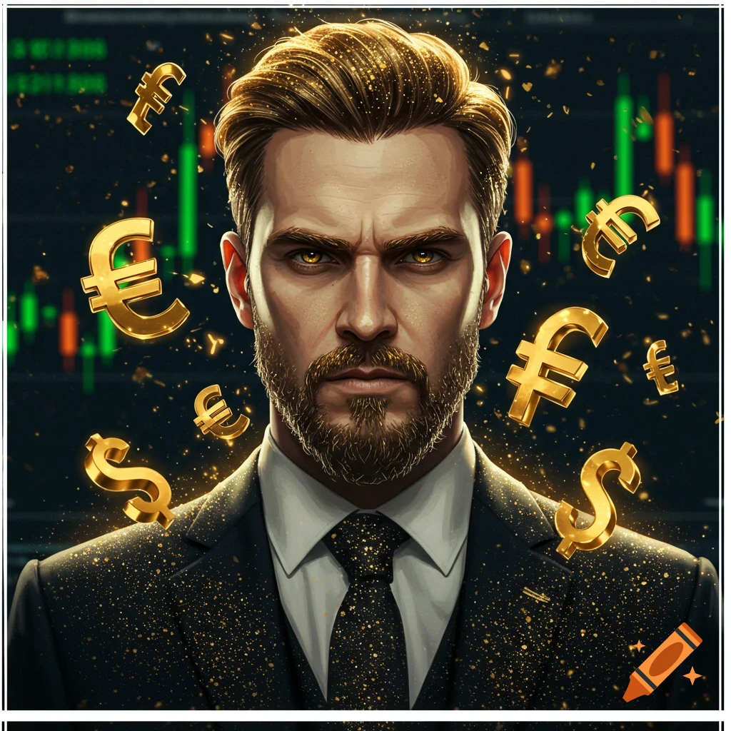 Intense businessman in a suit with golden hair and eyes, surrounded by floating gold currency symbols, against a background of a green and red stock chart.