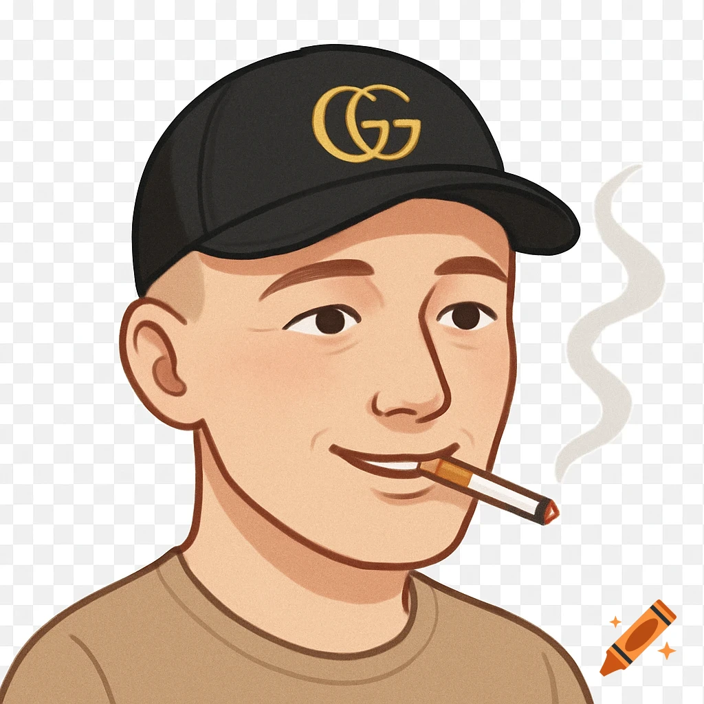 Cartoon man with shaved head, black Gucci cap, smiling and smoking a cigarette, transparent background.