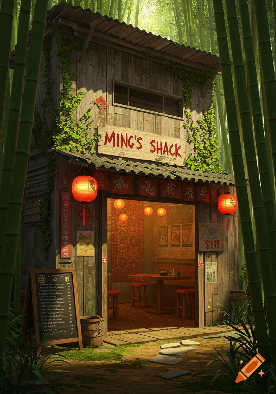 A rustic wooden shack with a 'Ming's Shack' sign and red lanterns, nestled in a lush bamboo forest.