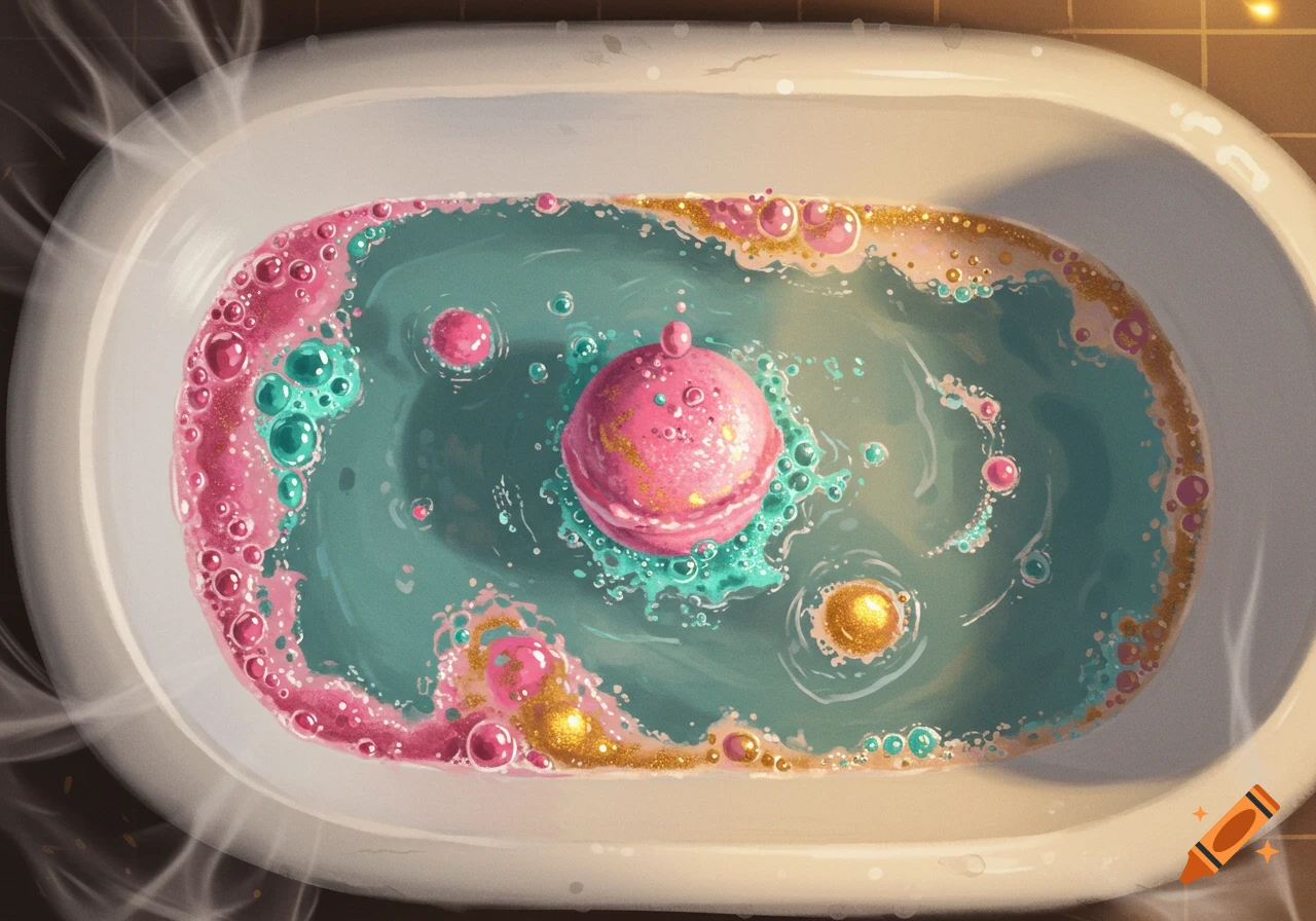 An aerial view of a pink bath bomb dissolving in blue-green water with colorful bubbles and glitter in a white bathtub.