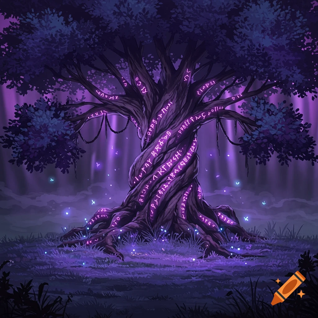 A mystical, twisted purple tree with glowing runes covering its trunk, standing in a dark, magical forest.