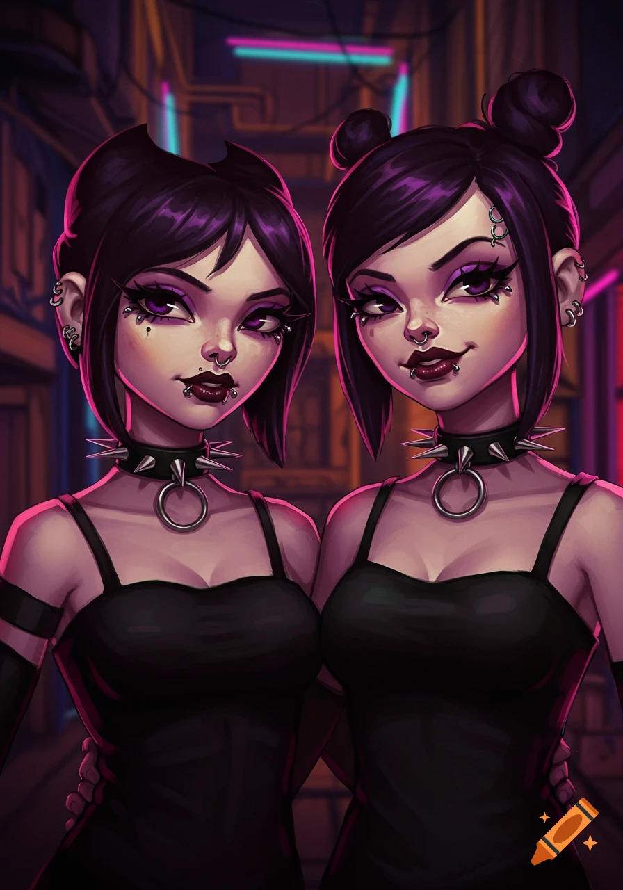 Two stylized gothic girls with dark hair, purple makeup, piercings, and spiked chokers pose in a neon-lit alley.