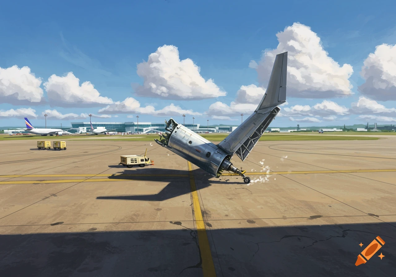 A detailed illustration of a fallen airplane tail section on an airport tarmac with other planes and buildings in the background.