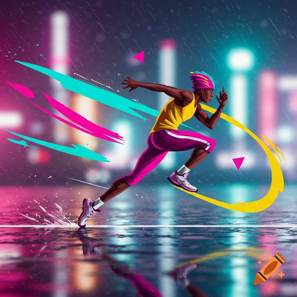 Stylized illustration of a runner sprinting on a wet street at night with neon lights and colorful streaks.