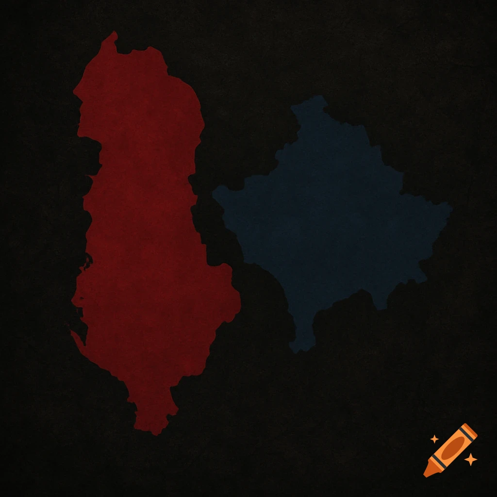 Map outlines of Albania in dark red and Kosovo in dark blue on a black background.