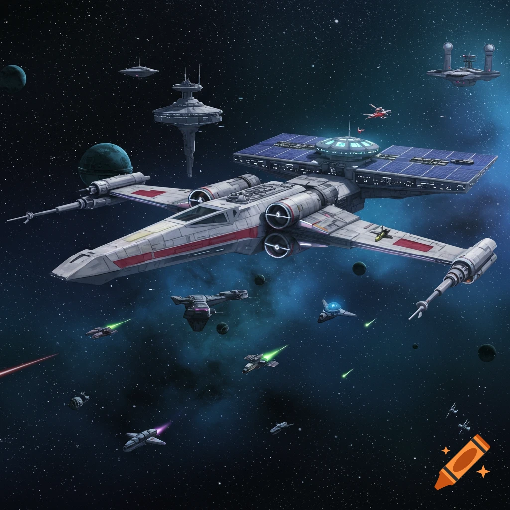 A large X-wing style spaceship flies past a massive space station with solar panels and smaller ships in a vibrant starry nebula.