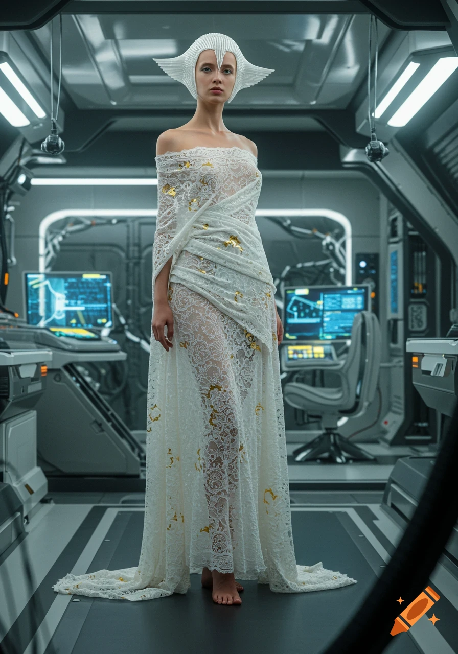 A woman in an elaborate white lace dress and geometric headpiece stands in a futuristic, spaceship-like room with glowing screens.