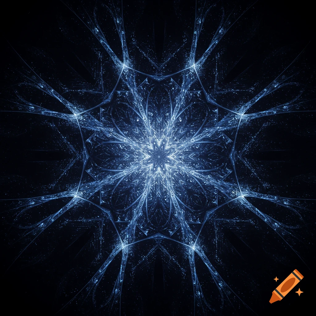 A symmetrical blue and white glowing abstract fractal pattern on a dark background.