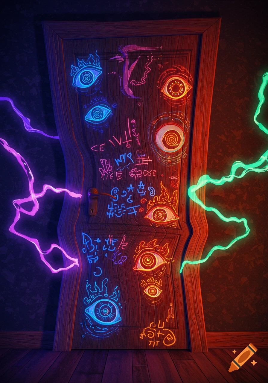 A warped wooden door covered in glowing neon blue and orange eyes and illegible symbols, with purple and green lightning-like energy emanating from its sides.