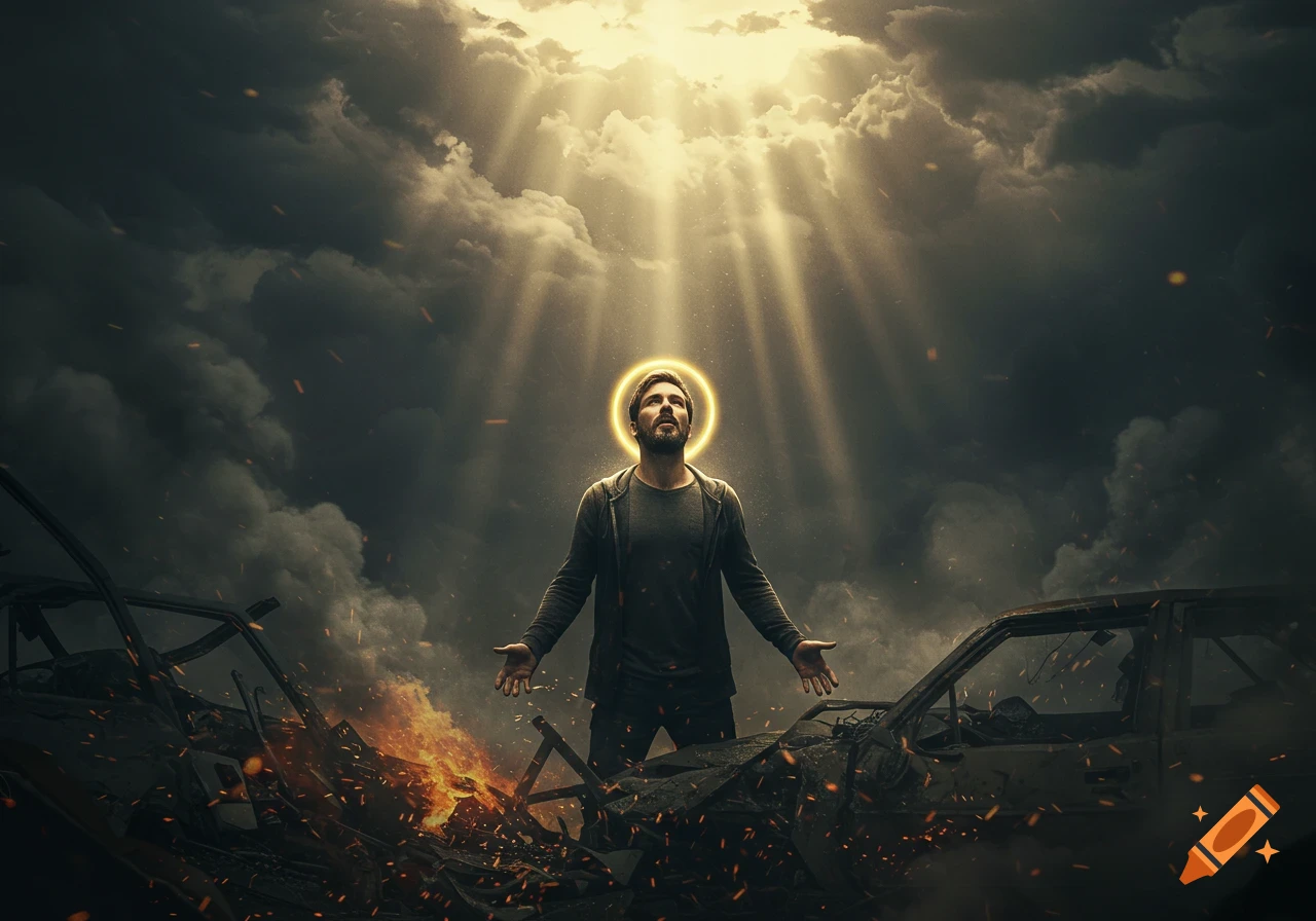 A man with a golden halo looks up with outstretched arms amidst burning debris under a dramatic, light-filled sky.