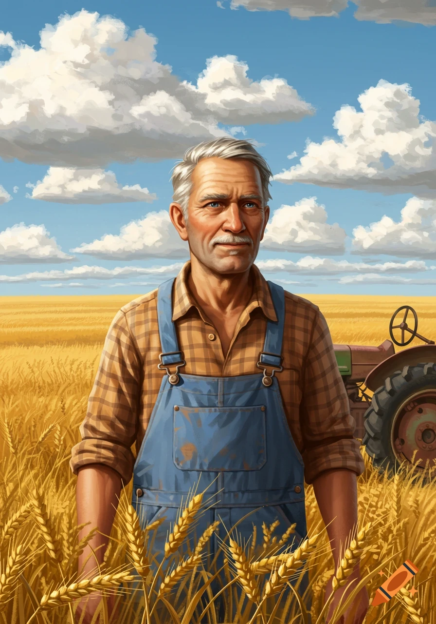 An illustrative portrait of an older farmer standing in a golden wheat field under a blue, cloudy sky, with a tractor nearby.