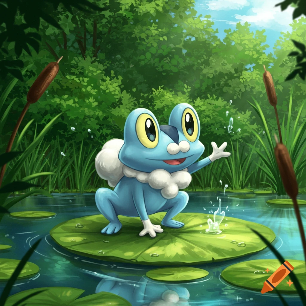 Froakie, a blue frog-like Pok 00e9mon with white foam around its neck, sits on a green lily pad in a pond amidst lush foliage and cattails.