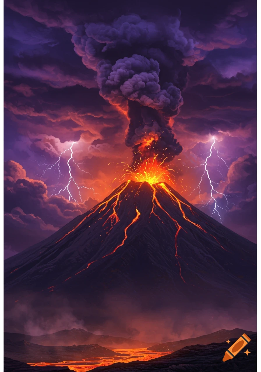 A dramatic volcanic eruption under a dark purple sky with vivid orange lava flowing down and lightning striking.