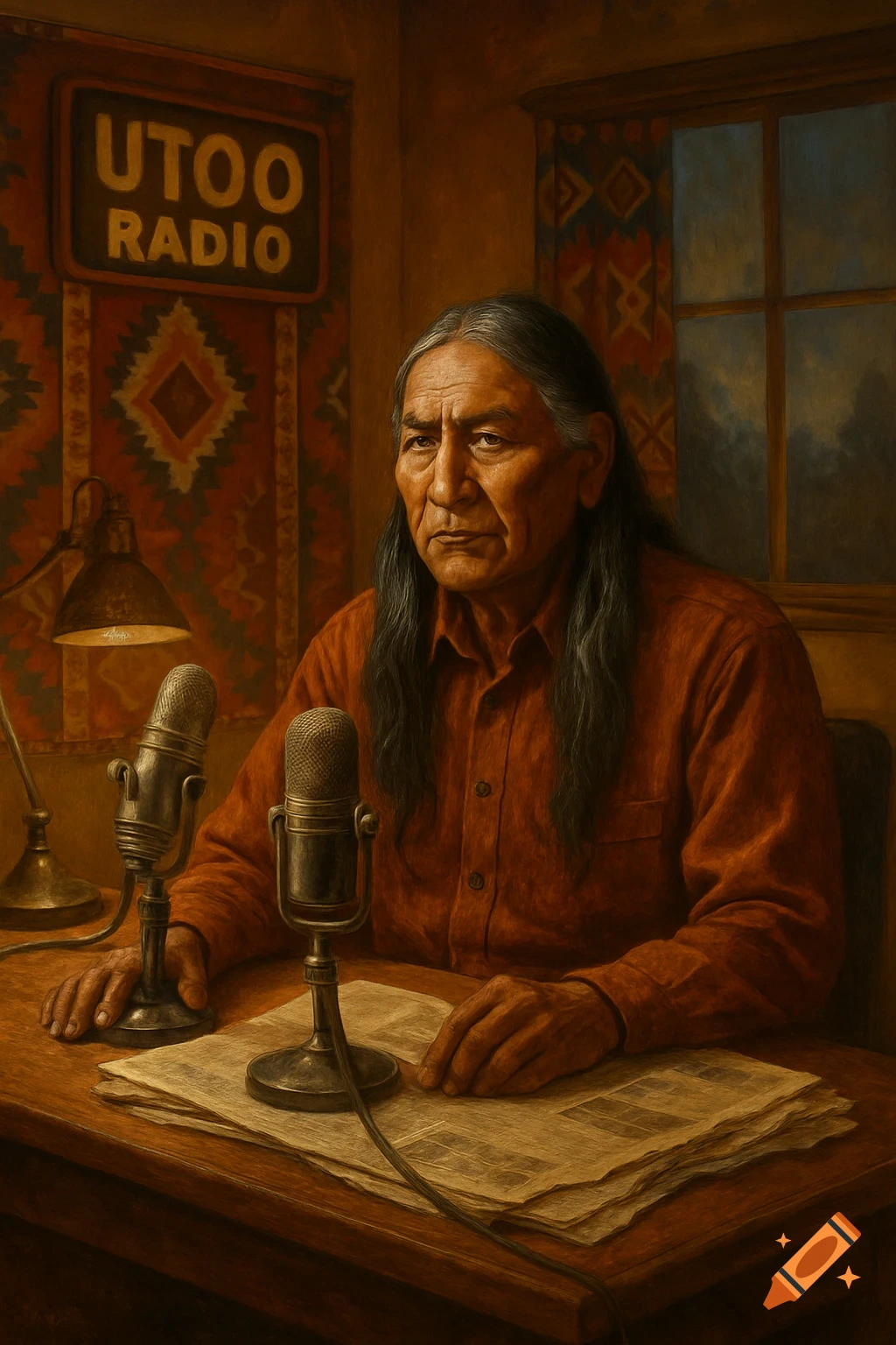 A photorealistic portrait of an indigenous man with long dark hair, wearing an orange shirt, seated at a desk with two microphones and a sign that reads 'UTOO RADIO'.