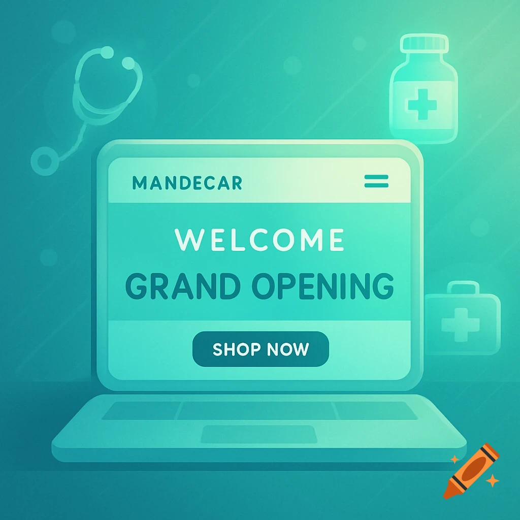An illustration of a laptop screen displaying 'Welcome Grand Opening' and 'SHOP NOW', surrounded by a stethoscope, a pill bottle, and a first aid kit against a teal background.