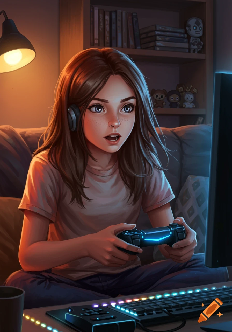 A brown-haired girl with headphones intently plays video games with a glowing controller in a dimly lit room, digital art style.