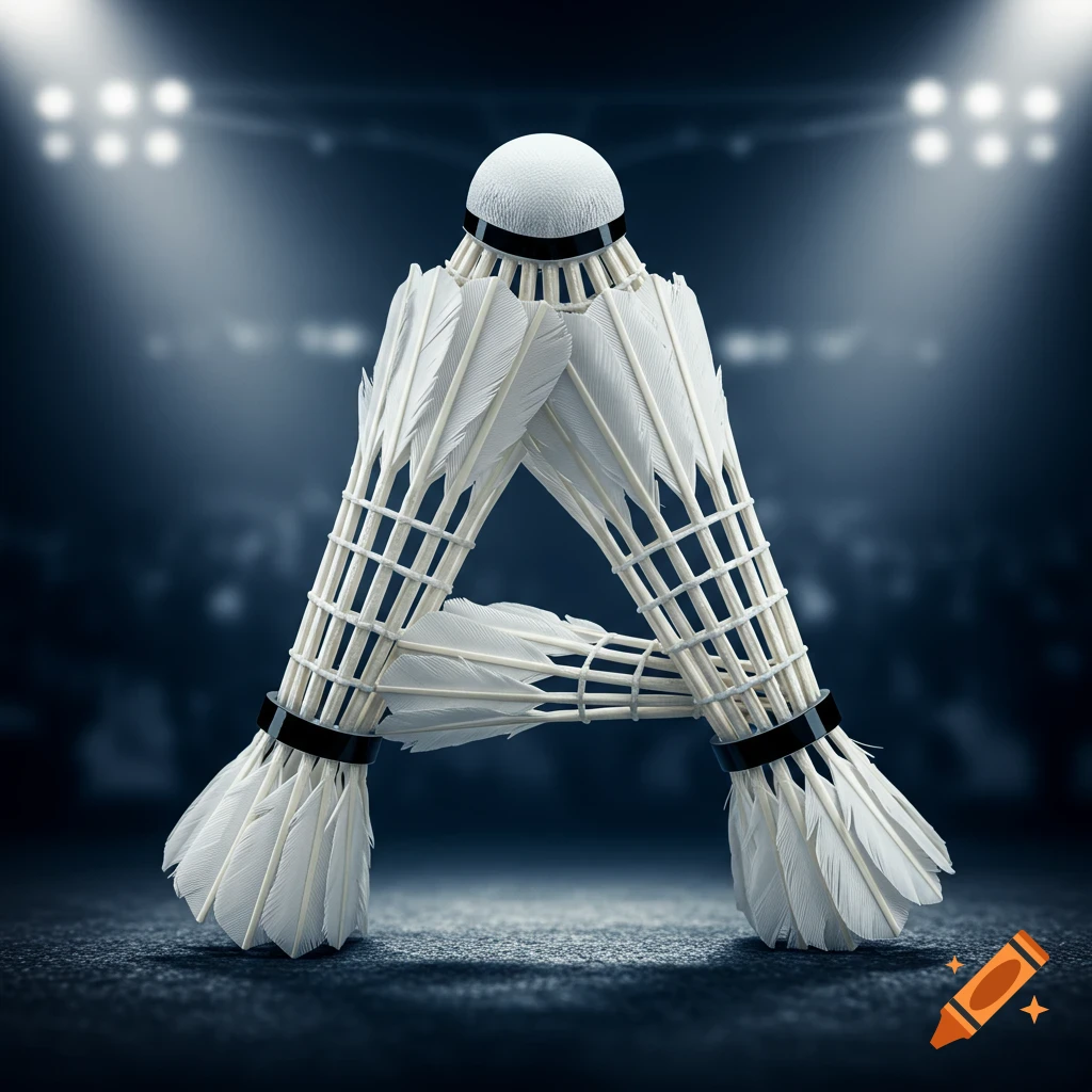 Photorealistic letter A formed by white badminton shuttlecocks on a dark court with stadium lights.