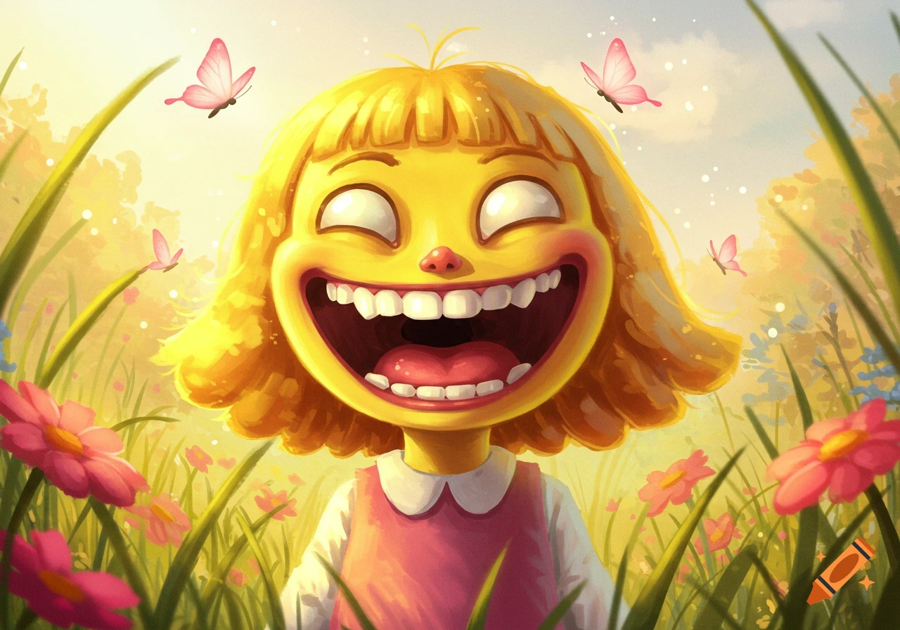 Cartoon of a yellow-haired girl with a huge smile in a sunny field with pink flowers and butterflies.