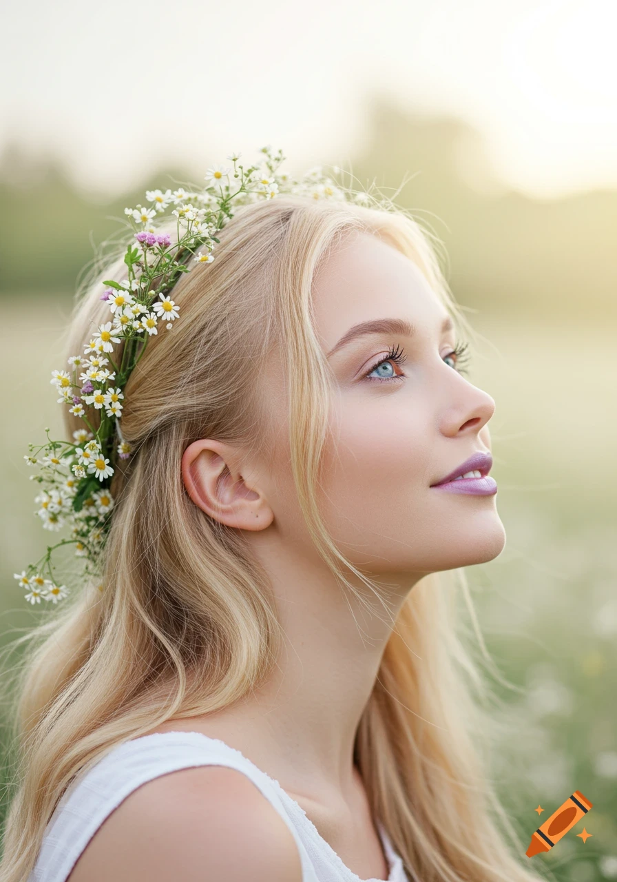 Blond woman with blue eyes and light violet lips, wearing a flower crown, looking up in a bright outdoor setting.