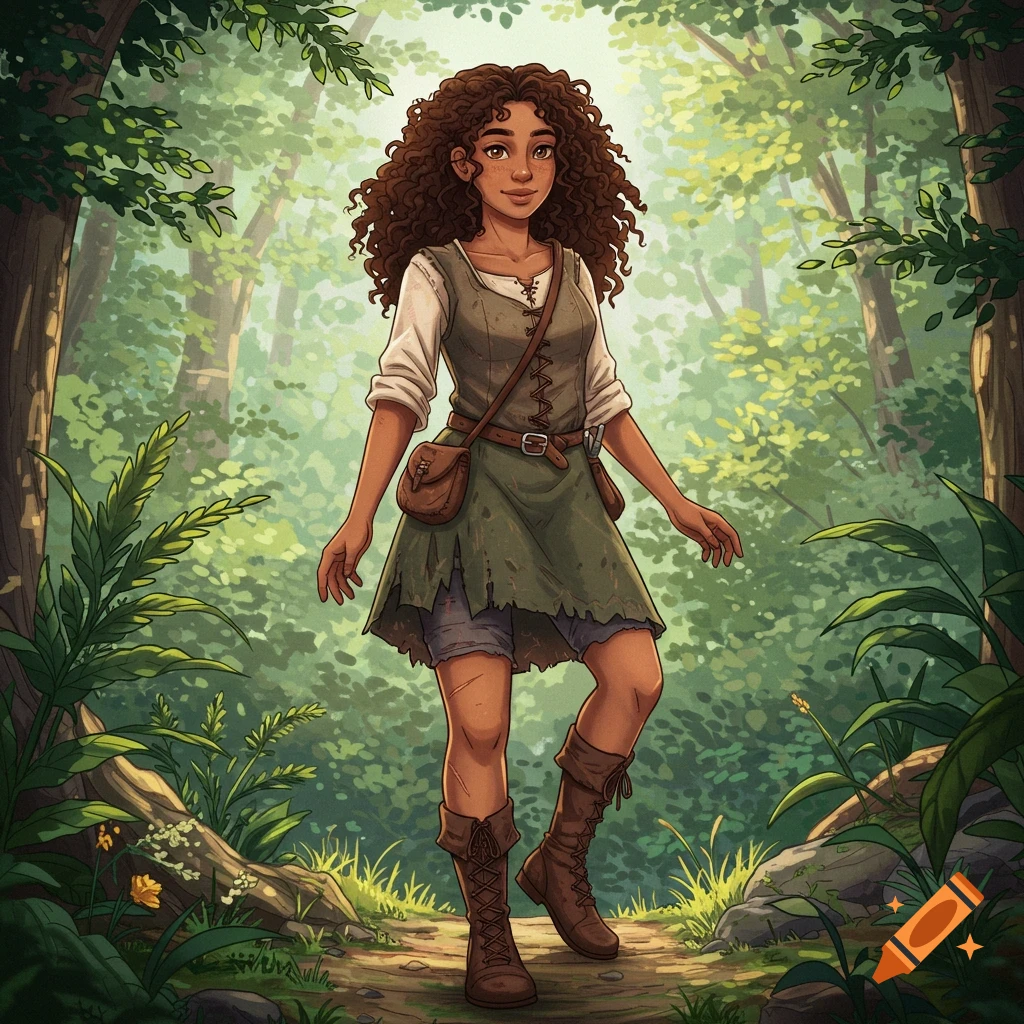 A young woman with curly brown hair and worn fantasy clothes walks on a path in a lush green forest in a storybook style.