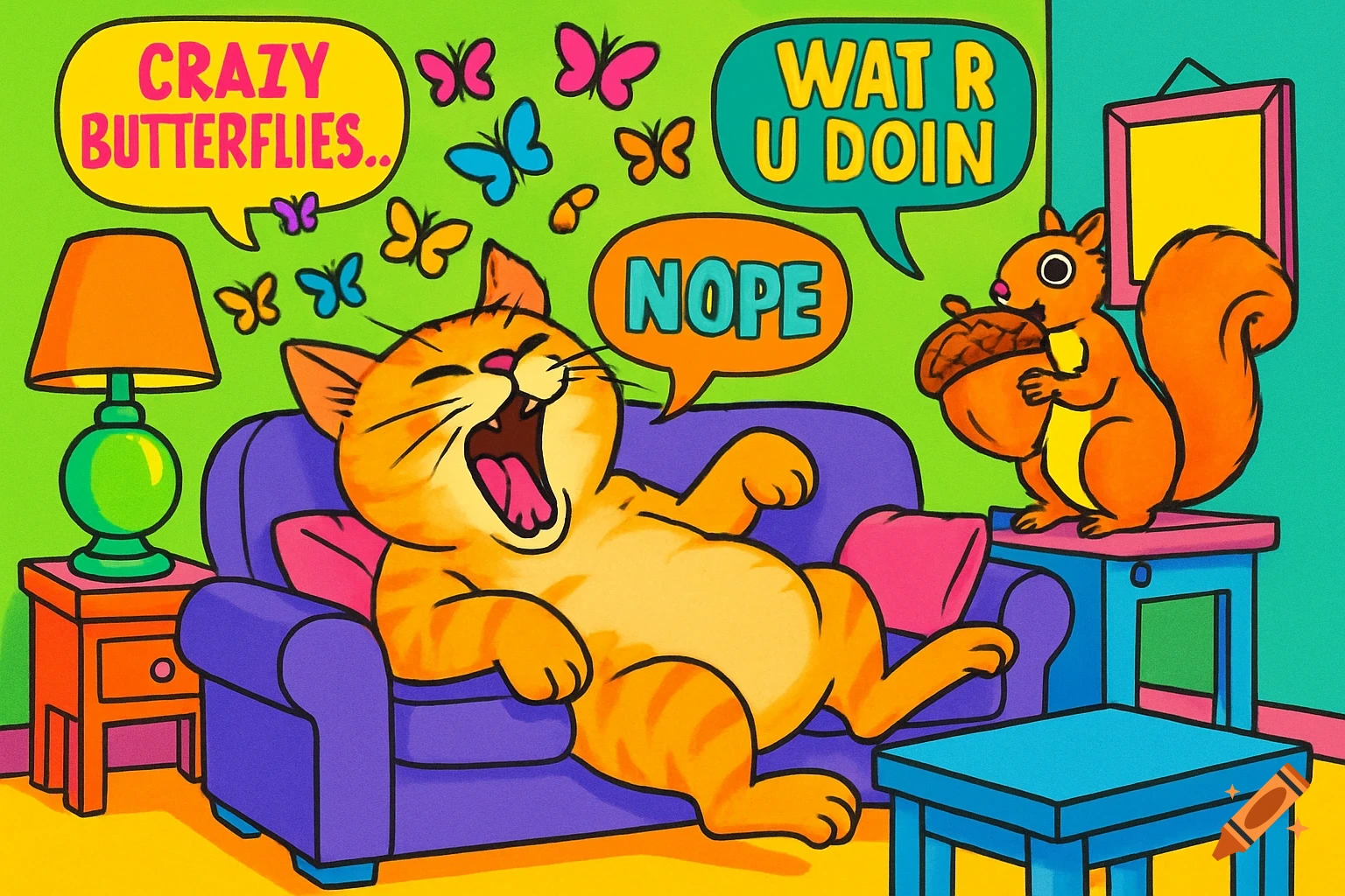 Vibrant cartoon of an orange cat lounging on a couch with butterflies, next to a squirrel. Speech bubbles include "CRAZY BUTTERFLIES..", "WAT R U DOIN", and "NOPE".