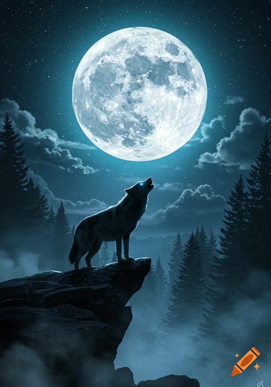 A lone wolf howls on a rocky cliff under a dramatic, large full moon in a misty forest at night.