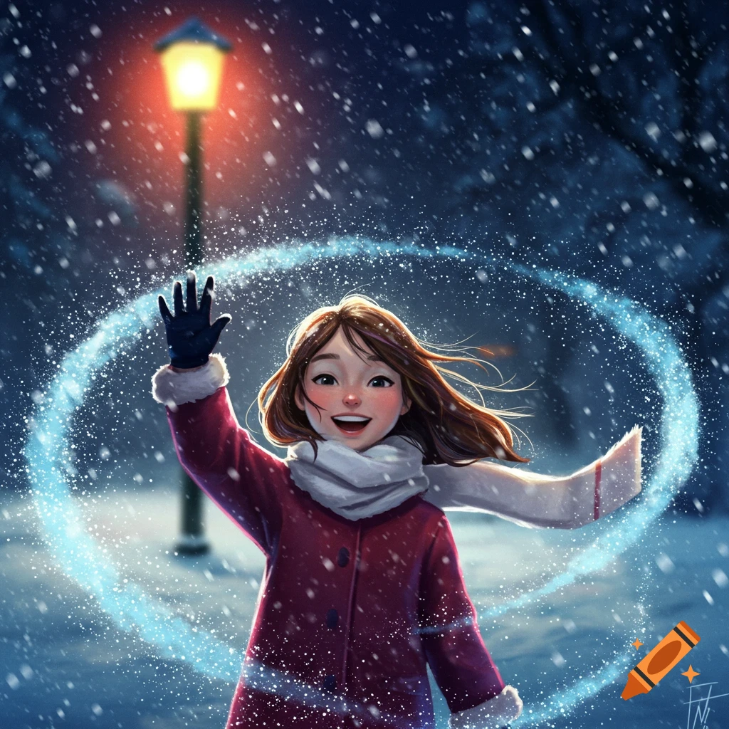 A smiling girl in a red coat and white scarf waves in a magical snowy night, lit by a street lamp in an animated illustration.