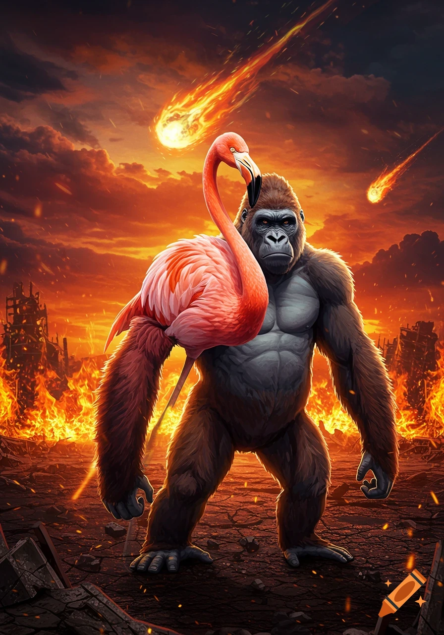 A muscular gorilla holds a pink flamingo on its shoulder, standing in an apocalyptic fiery landscape with meteors falling from a dark orange sky, in an anime style.