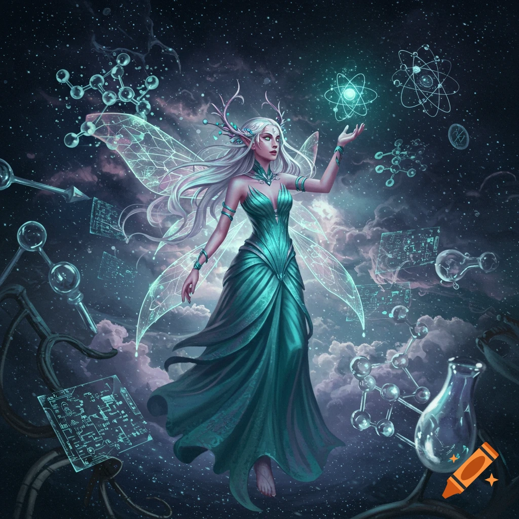 Fantasy digital art of a silver-haired fairy in a teal dress, holding a glowing atom amid cosmic scientific symbols.