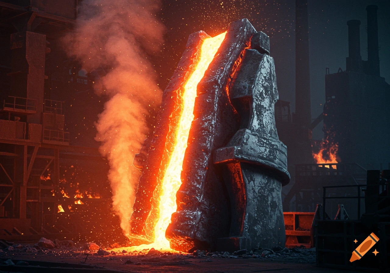 Molten metal pours down a large, rugged metal structure in a dark industrial factory, surrounded by smoke and sparks.
