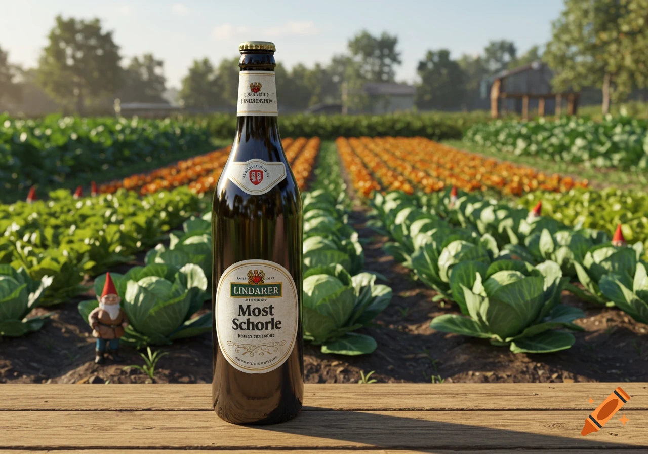 A bottle of Lindarer Most Schorle on a wooden surface in a garden with neat vegetable beds and a garden gnome, lit by soft warm sunlight.