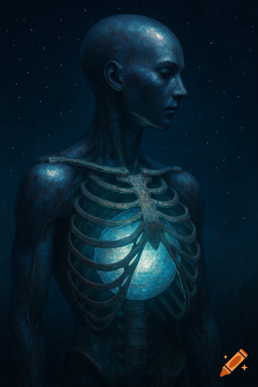 A dark blue humanoid figure with a ribcage splayed open, holding a glowing blue orb in its chest, against a starry night sky.