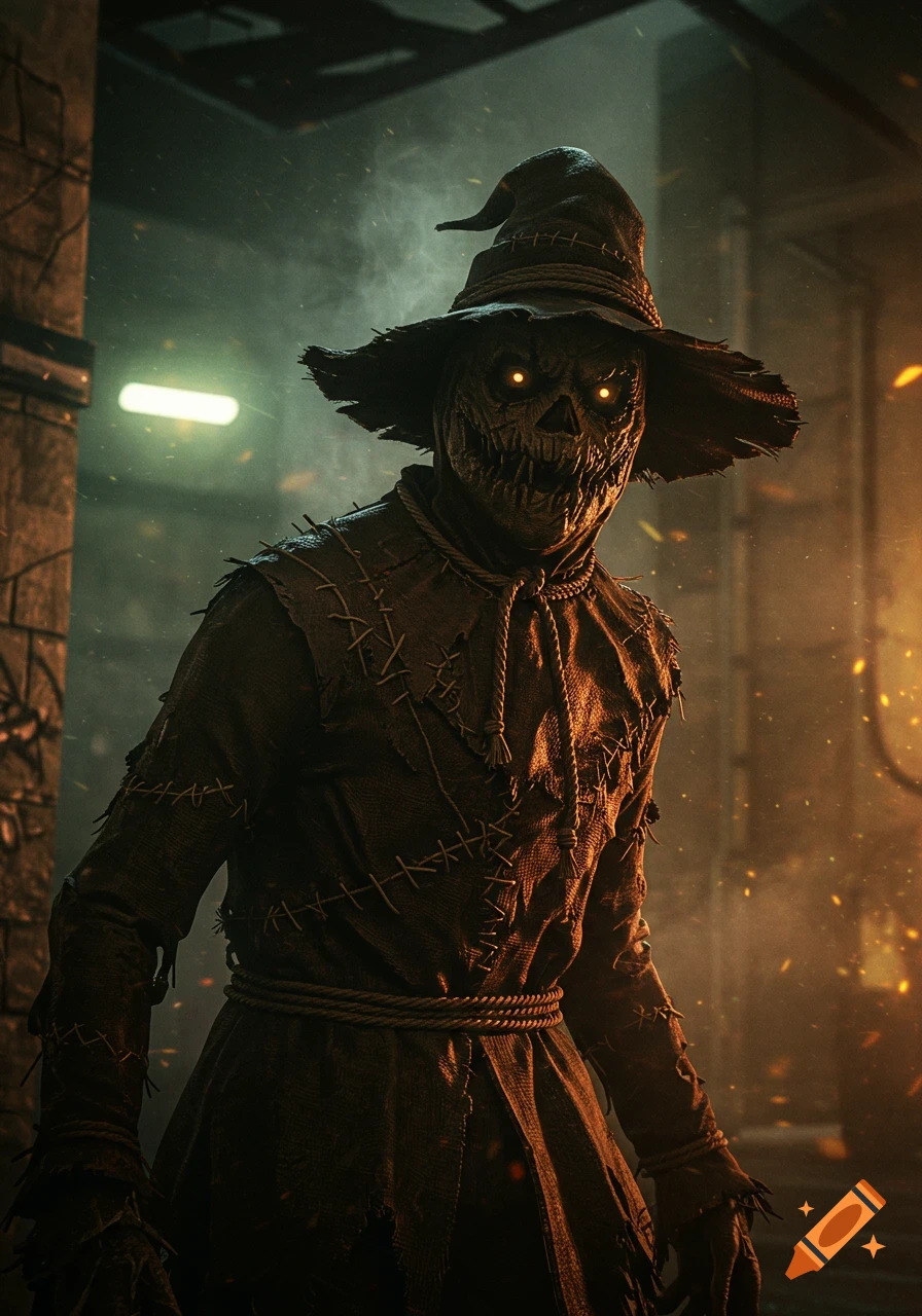 A menacing Scarecrow from DC with glowing orange eyes and a stitched face, wearing a tattered hat and burlap costume in a dark, gritty environment.