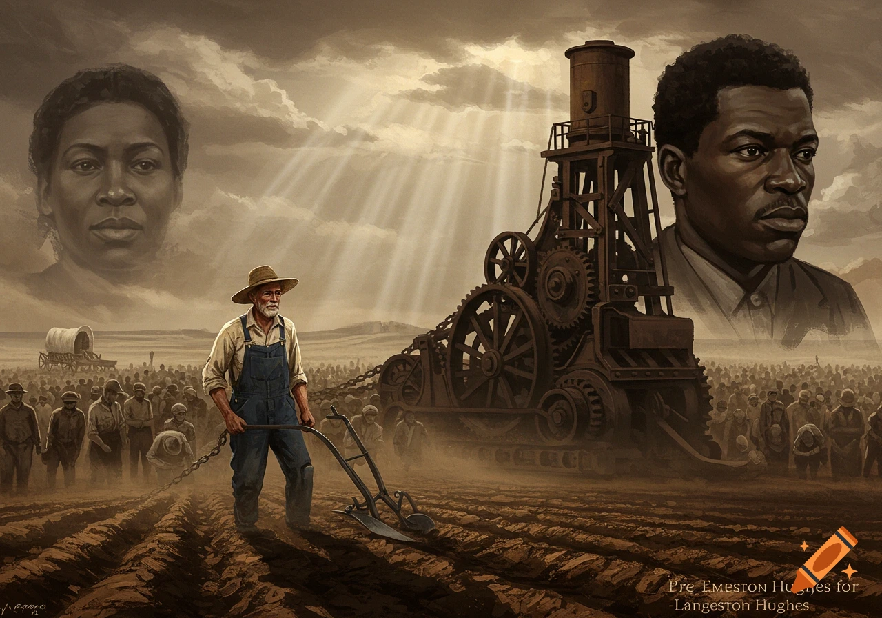 A dramatic painterly image depicting a farmer plowing a field, chained to a large, intricate machine. Two large, stoic faces loom in the sky above a distant crowd.
