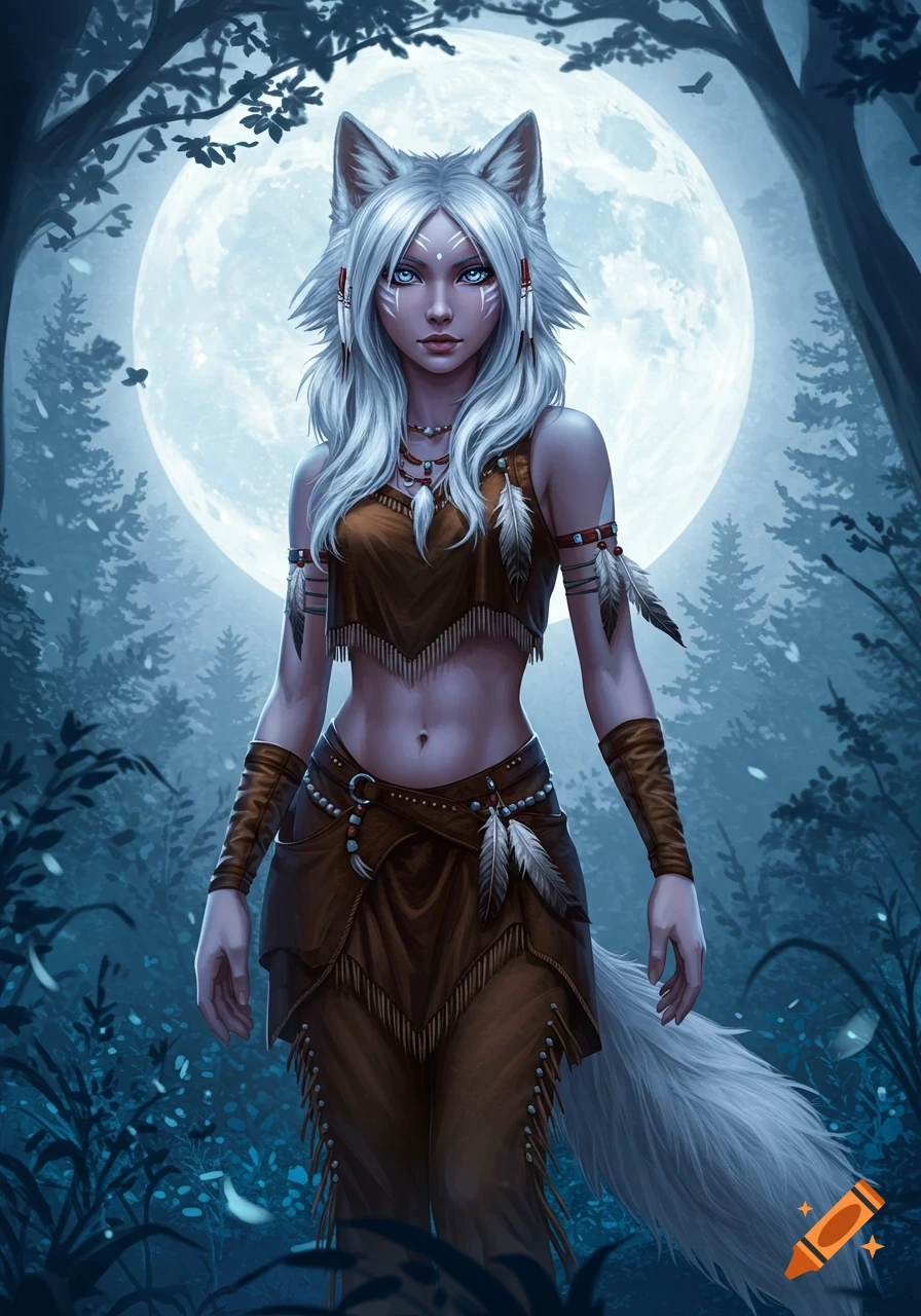 Digital painting of a white-haired wolf girl with glowing blue eyes, dressed in tribal wear, standing in a moonlit forest.