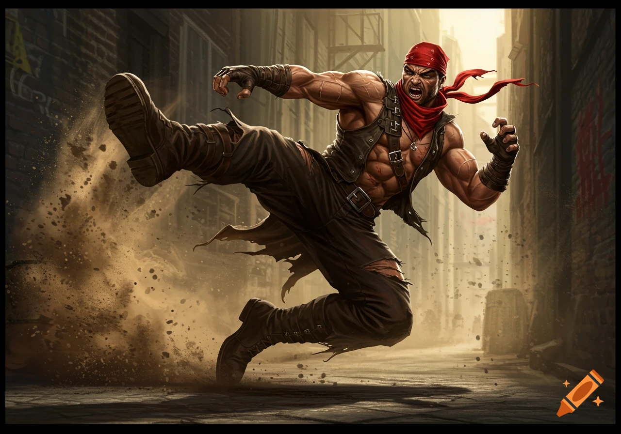 Muscular man in a red bandana and torn clothes executes a powerful flying kick in a dusty alley, comic book art style.